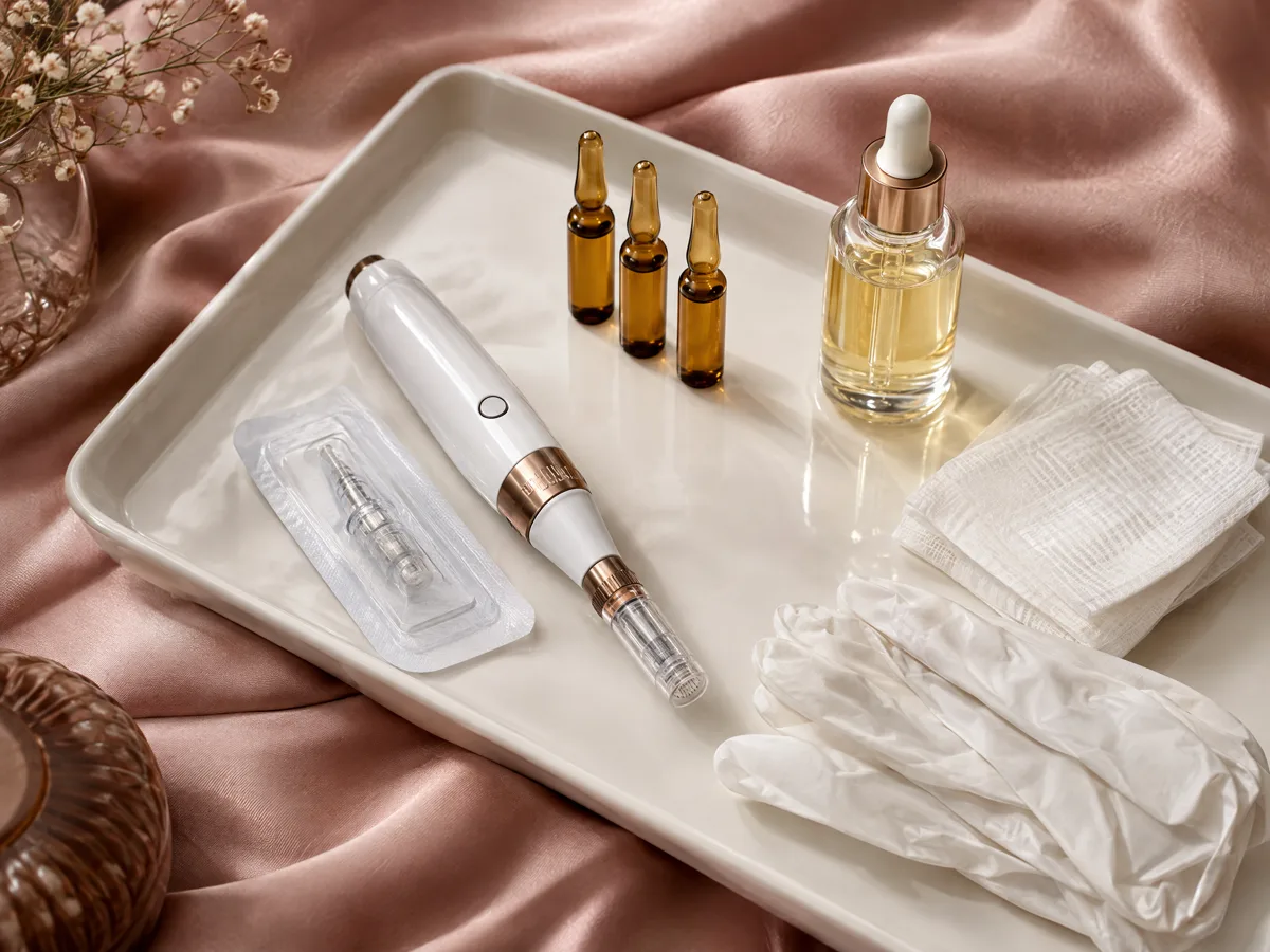 Caneta de microagulhamento, ampolas de ativos e gazes estéreis sobre uma bandeja de porcelana
