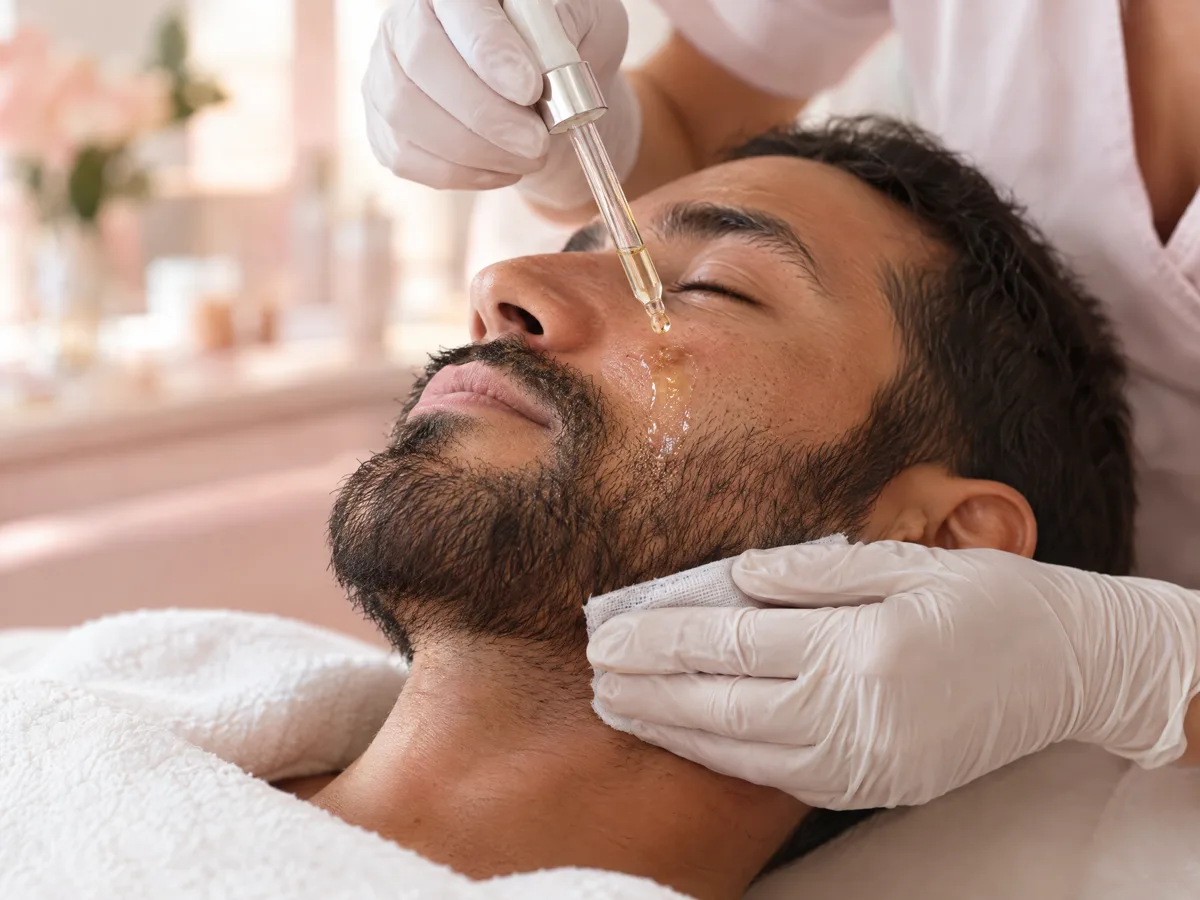 Profissional aplicando ativos na barba de um cliente relaxado