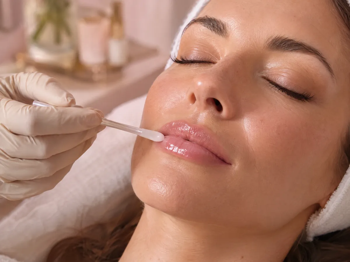 Profissional aplicando um sérum hidratante nos lábios de uma cliente relaxada