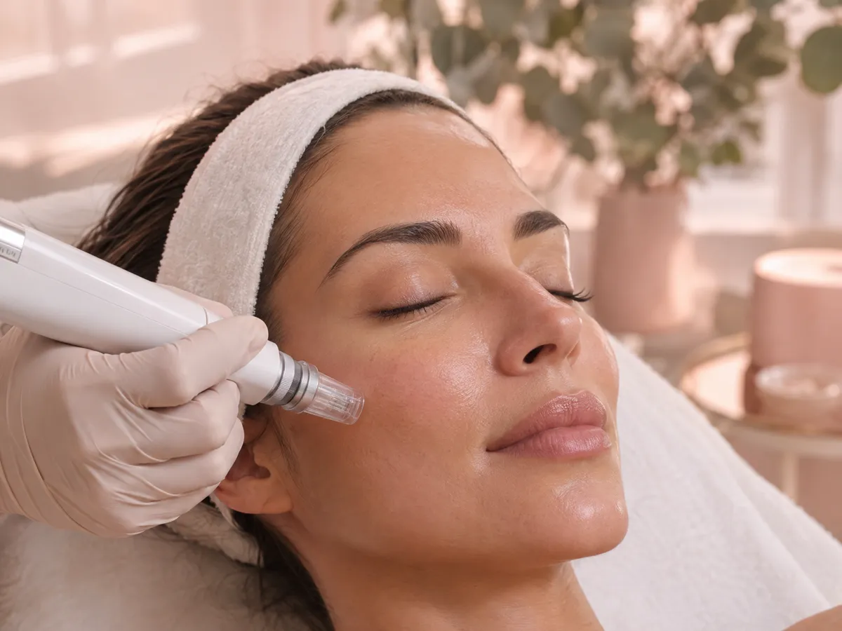 Cliente relaxada recebendo microagulhamento no rosto com uma caneta profissional