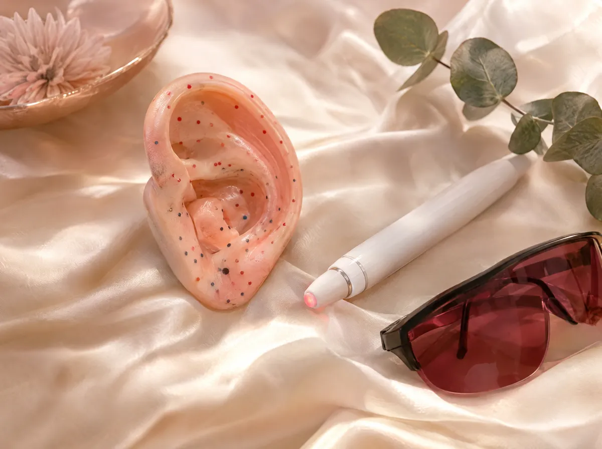 Modelo de orelha com os pontos marcados, ao lado da caneta de laser e dos óculos de proteção