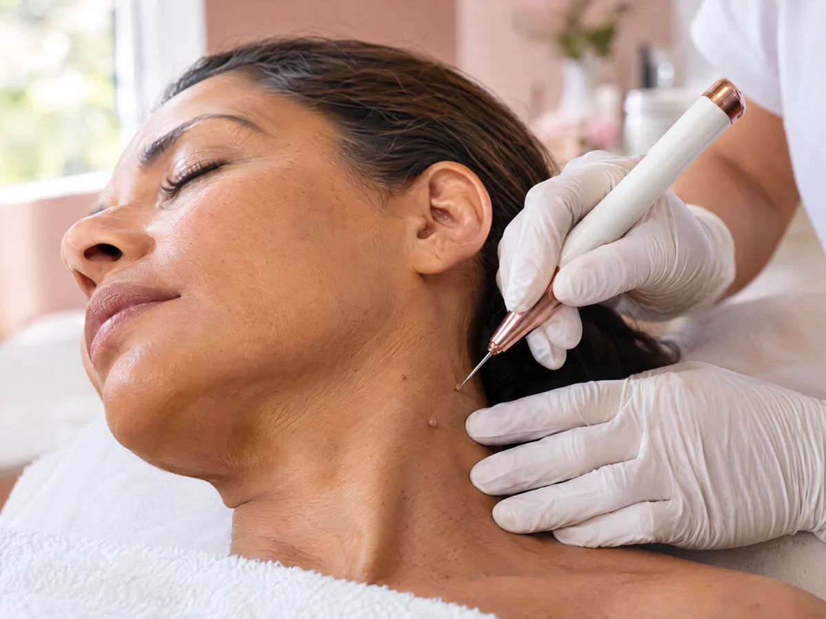 Profissional aplicando o jato de plasma com precisão em uma verruguinha no pescoço de uma cliente relaxada