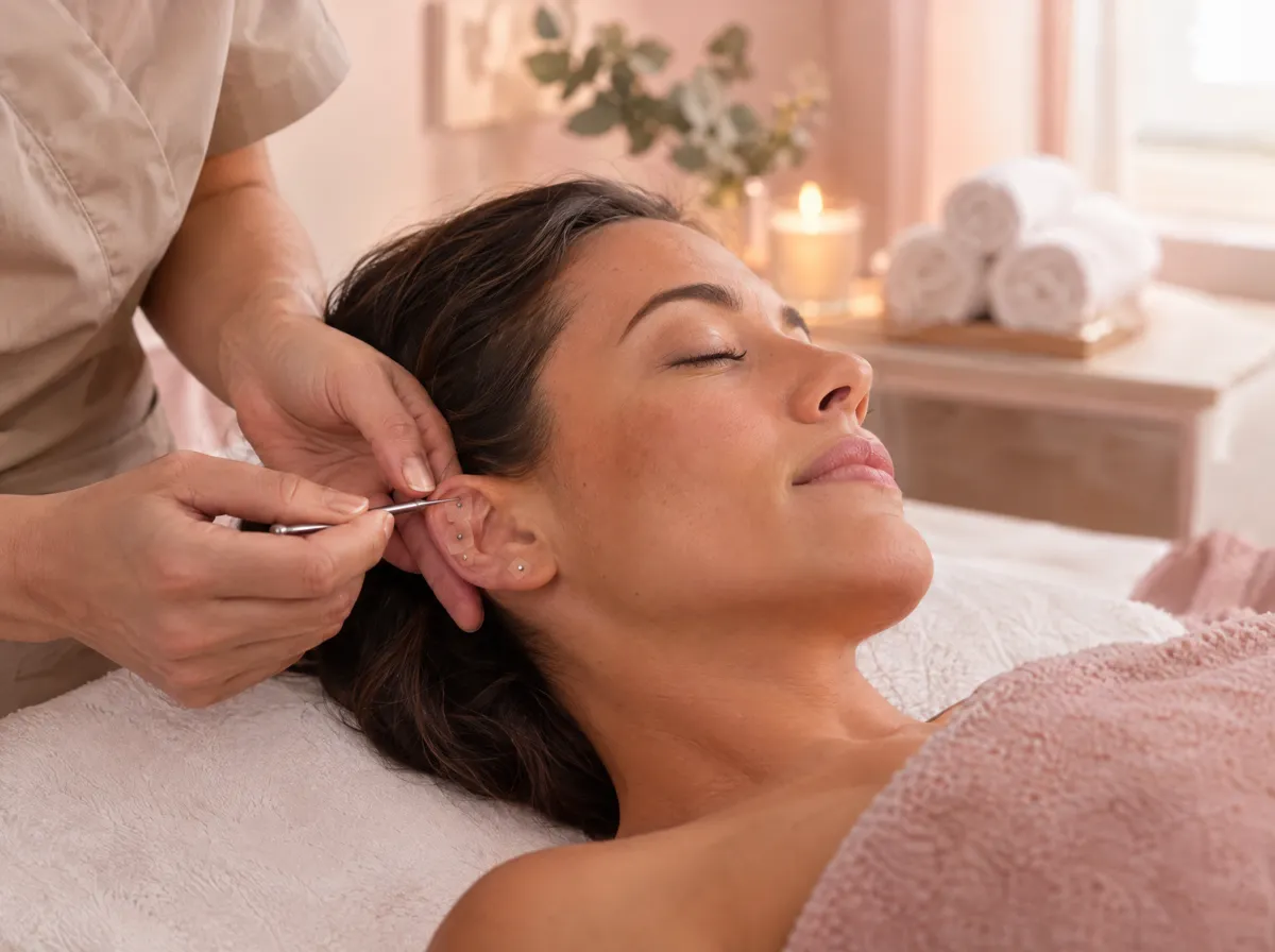 Cliente relaxada na maca durante uma sessão de auriculoterapia