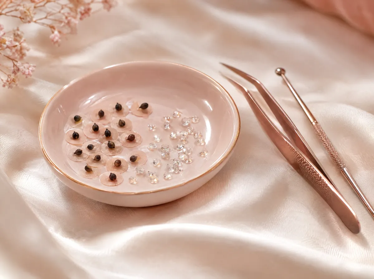 Sementes e cristais de auriculoterapia em um pratinho de porcelana, com pinça e apalpador