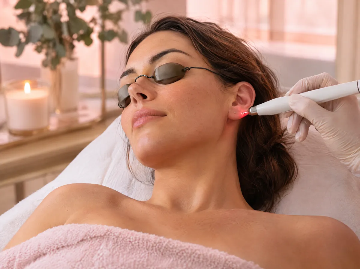 Profissional aplicando a caneta de laser em um ponto da orelha de uma cliente relaxada na maca