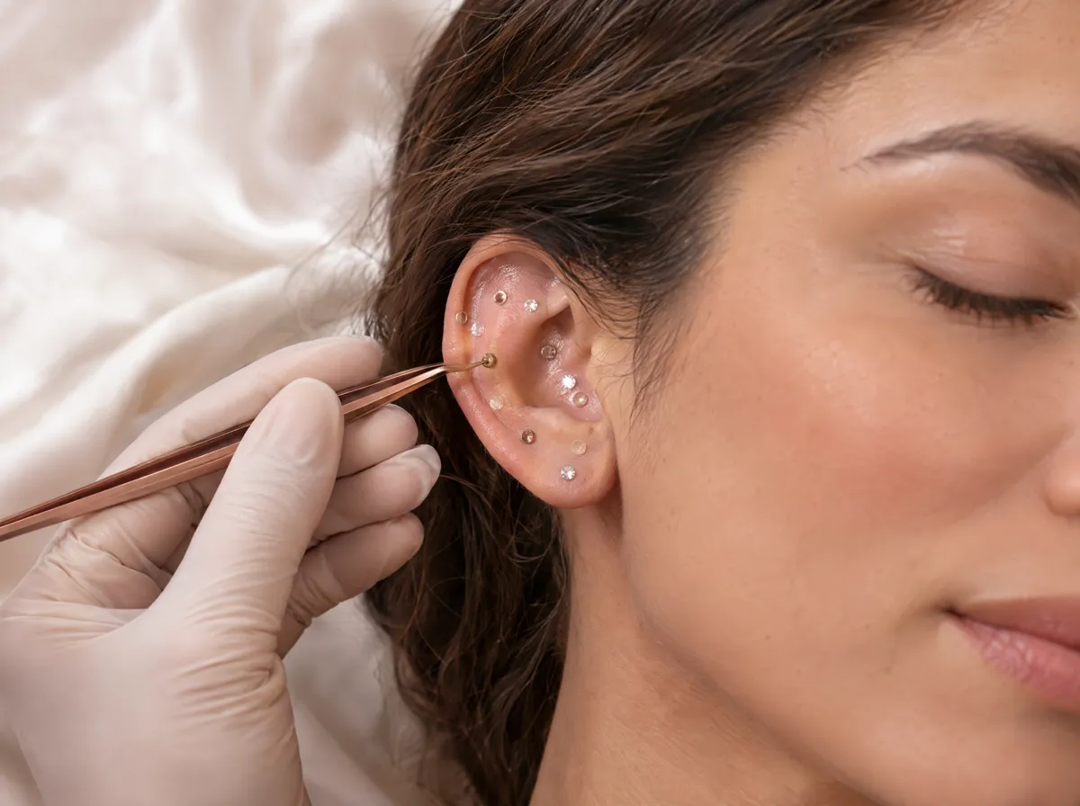 Profissional aplicando sementes de auriculoterapia em pontos da orelha com uma pinça