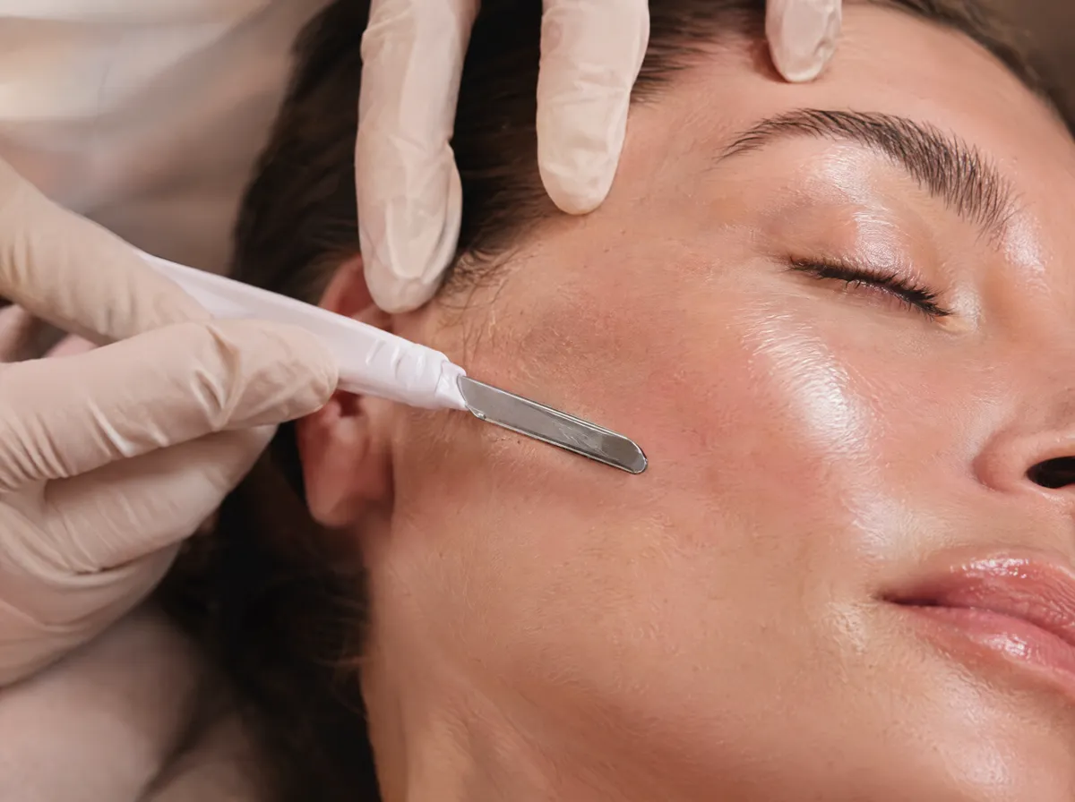 Lâmina de dermaplaning deslizando pela bochecha e deixando a pele lisa e luminosa