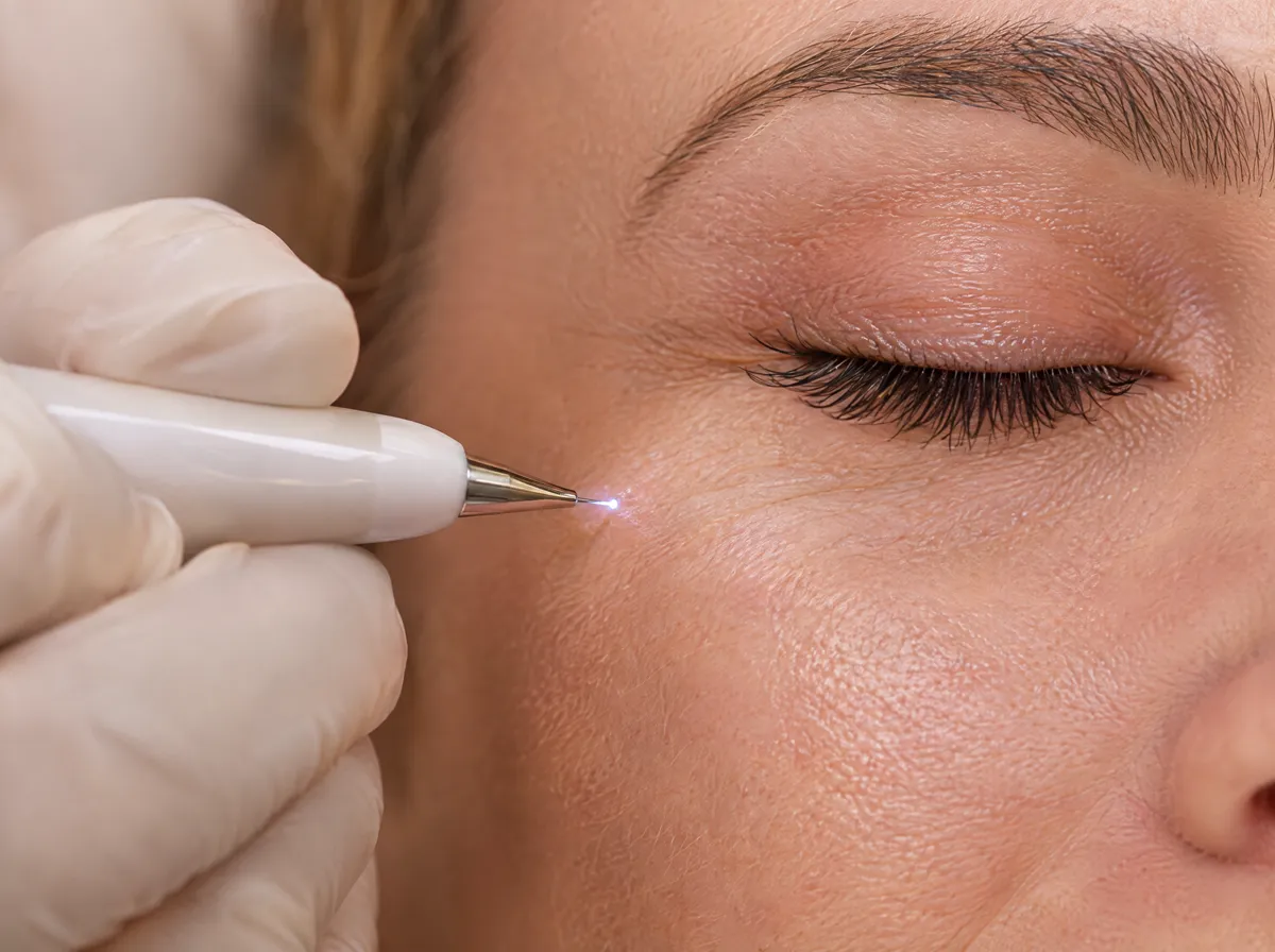 Ponteira do jato de plasma próxima ao canto do olho de uma cliente